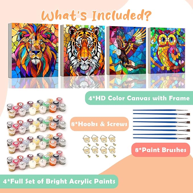 4 Pack Paint by Numbers Kit for Kids Easy Kid Paint by Number Kits Ages 8-12 Animal DIY Painting Kits for Kids Age 4-8 Beginner Paint by Number Canvas with Frame Children Color by Numbers Kit 8x8 Inch
