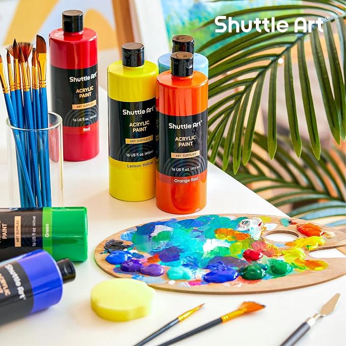 Shuttle Art Acrylic Paint, 12 Colors Acrylic Paint Large Bottle Set, 473ml/16oz Each, Rich Pigments, High Viscosity, Bulk for Artists, Beginners and Kids on Rocks Crafts Canvas Wood