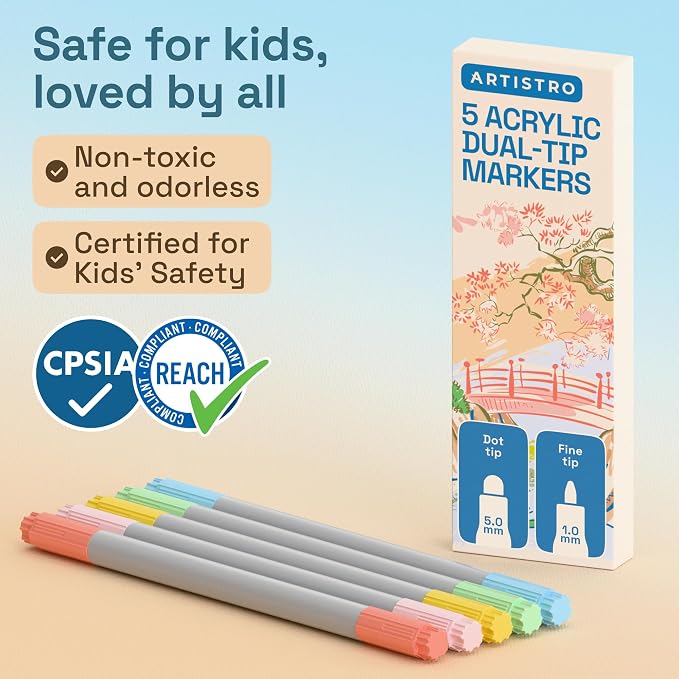 ARTISTRO Pastel Dual-Tip Acrylic Paint Marker Pens - Set of 5 | For Fabric, Rock, Glass, Wood, & Coloring Books, Arts & Crafts Gift, Classroom Must Haves & School Supplies (Dot & Fine Tips)