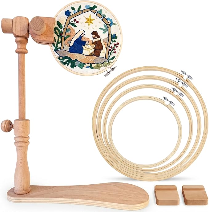 Embroidery Hoop Stand - 360 Degree Adjustable Sitting Embroidery Stand with Needle Tube- Versatile Cross Stitch Frame with Display Bases and Large-Eye Stainless Steel Needles