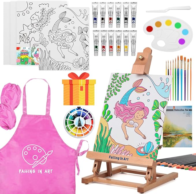 Falling in Art Kids Tabletop Easel Set, Portable Art Easel Painting Kits | 52 Pcs Wooden Easel for Painting Canvases, Including 12 Colors Acrylic Paints, 10 Paintbrushes and 4 Canvas Panels, Pink