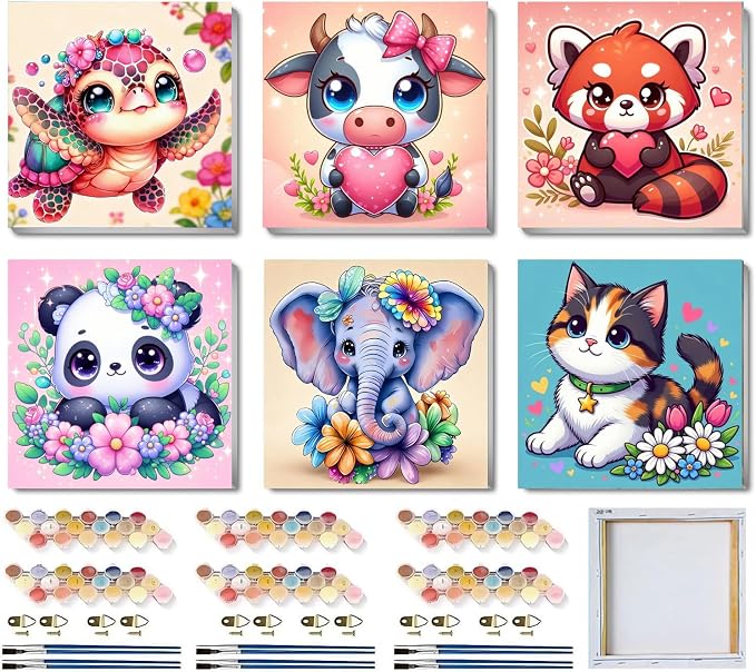SYDYLH 6 Pack Framed Paint by Numbers Kit for Kids & Adults Beginners, Easy Animal Paint by Numbers Kits with Canvas Paints Brushes, Acrylic Oil Painting Arts and Crafts for Wall Decor 8 x 8 Inch