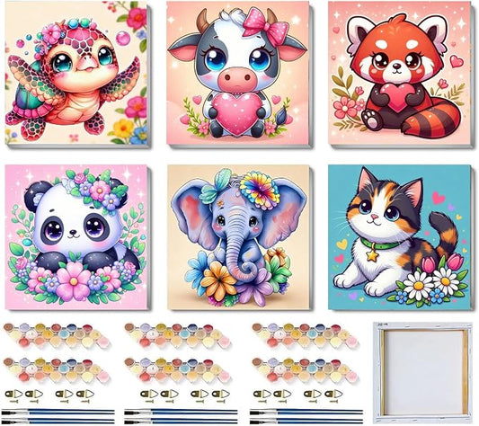 SYDYLH 6 Pack Framed Paint by Numbers Kit for Kids & Adults Beginners, Easy Animal Paint by Numbers Kits with Canvas Paints Brushes, Acrylic Oil Painting Arts and Crafts for Wall Decor 8 x 8 Inch