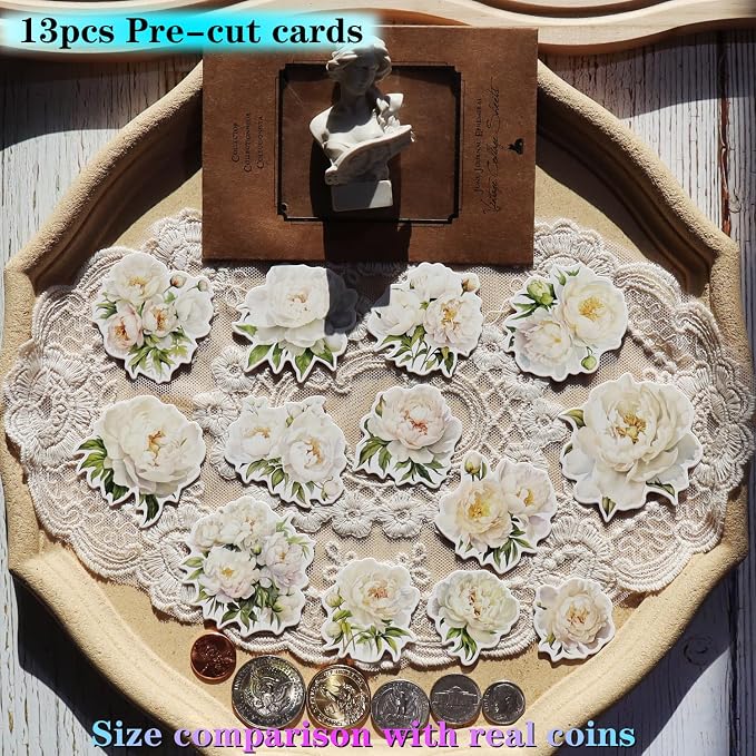 CATaireen Vintage Junk Journal Items Kit Pre Cut Paper Cards Cutout Cardstock Art Aesthetic Decor Hollow Out Craft Elements Small Embellishments Supplies for Adults Scrapbook Pack (Floral White)