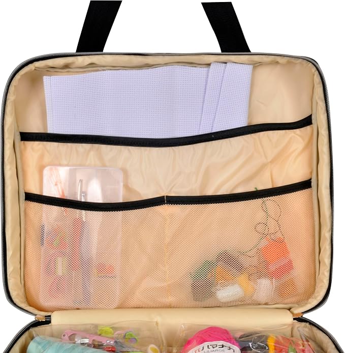 Portable Square Cross Stitch Starter Kits Bag Embroidery Project Bag Embroidery Tool Storage Tote Bag with Multifunctional Pockets, Bag Only (Black Leaves)