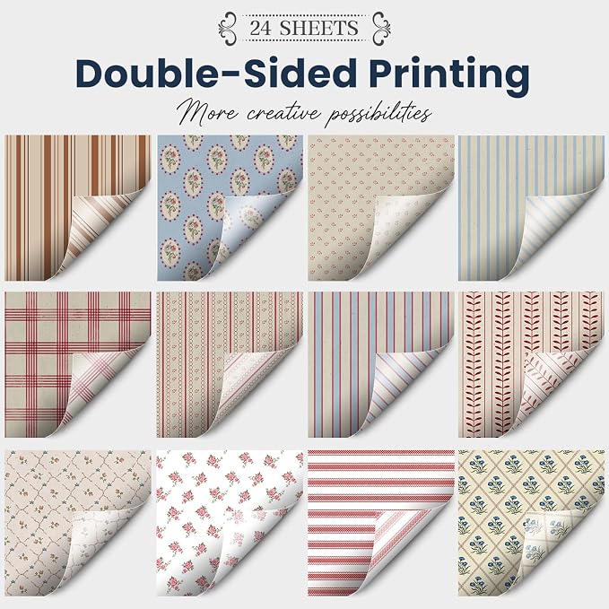 Striped Scrapbook Paper Vintage Flower Patterned Paper Pad 12×12,24 Sheets Double-Sided Bobo Floral Scrapbooking CardStock Papers Pad for Holiday Cardmaking DIY Origami Papers.