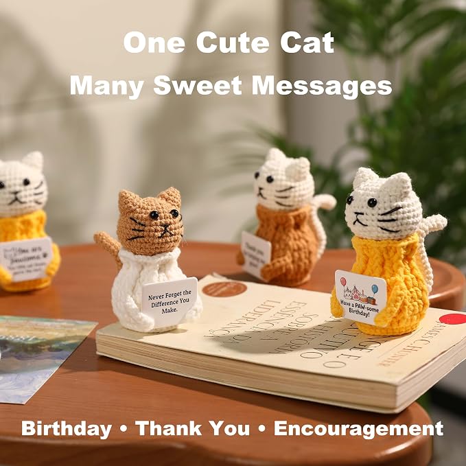 Cute Crochet Cat Birthday Gifts for Teen Girls | Handmade Yellow Cat with Birthday Card, Adorable Funny Kawaii Desk Decor for Daughter, Friends, Sisters