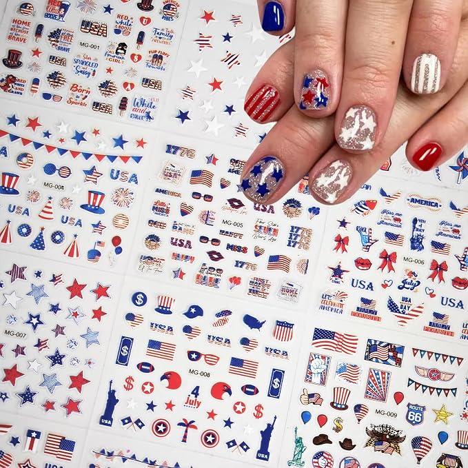 30 Sheets 4th of July Nail Stickers for Nail Art Independence Day Nails Art Stickers 3D Self Adhesive American Flag Stars Letters Fireworks Nails Decals Fourth of July Design Sticker for Women