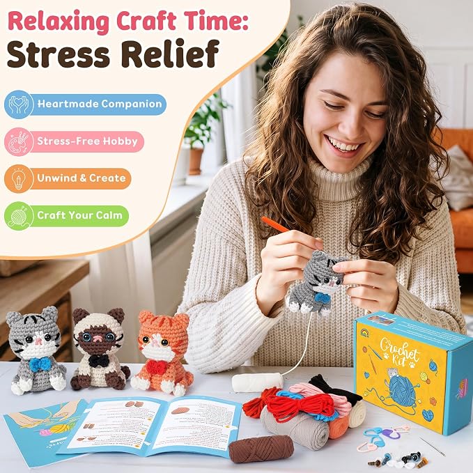Fortuning's JDS Crochet Kit for Beginners, 3 Cat Crochet Animal Kit Starter | w/ Step-by-Step Video Tutorials, Beginner Crochet Kit for Adults, Bow-Wearing Cat Crochet Set, Crochet Gifts for Cat Lovers
