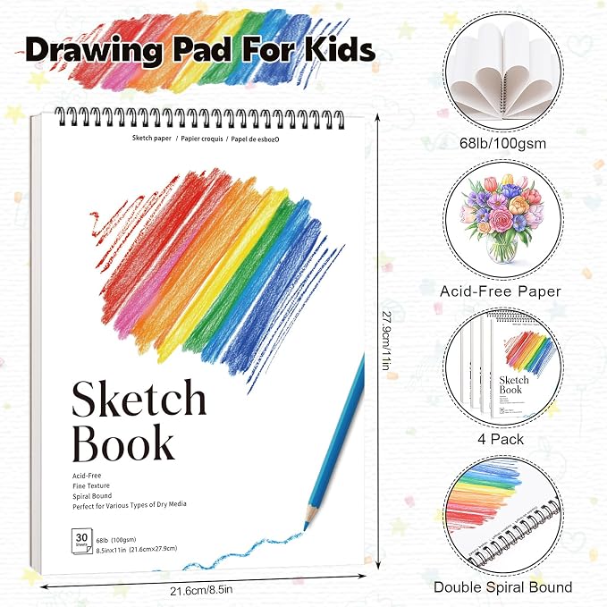 4 Pack Sketch Books, 8.5 × 11 in, Spiral Bound, 100gsm, Acid Free | 30 Sheets Each, Hardcover Backing, Top Spiral, for Pencil, Charcoal & Crayon, for Travel & School Gifts