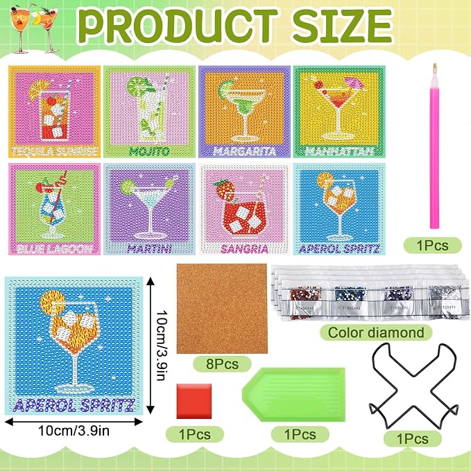 UPINS 8Pcs Cocktail Diamond Art Coasters,Summer Beach Diamond Art Coasters with Holder for Adults DIY Drink Bar Party Home Warming Gifts