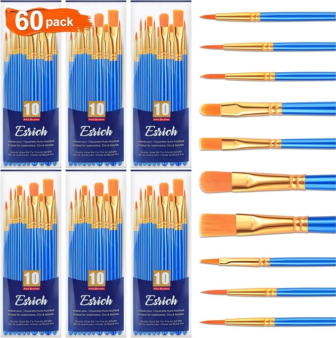 ESRICH 60PCS Paint Brushes, Paint Brush for Acrylic Painting | Artist Paintbrushes for Oil Watercolor, Body Face Rock Canvas, Small Paint Brushes for Kids, Blue