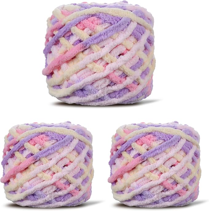 3 Pack Plush Chenille Chunky Yarn for Crocheting 100g(54.6yd) - Bulky Thick Fluffy Yarn for Knitting- Soft Velvet for Baby, Blanket Knitting Blanket Yarns- Amigurumi Yarns (3-Pastel Purple)