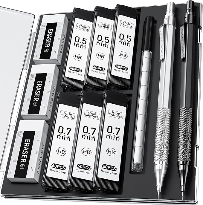 2PCS Metal Mechanical Pencil Set, 0.5mm+0.7mm, Storage Case, Black＆Silver