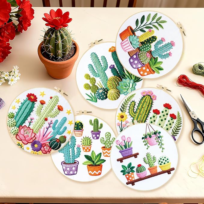 BEUNITONE Cactus Embroidery Kit for Beginners, 6PC Succulent Plant Themed Needlepoint Kits for Adults with Hoops, Threads, Needles, Instructions and Full Kits, DIY Home Decor Craft Gift for Adults