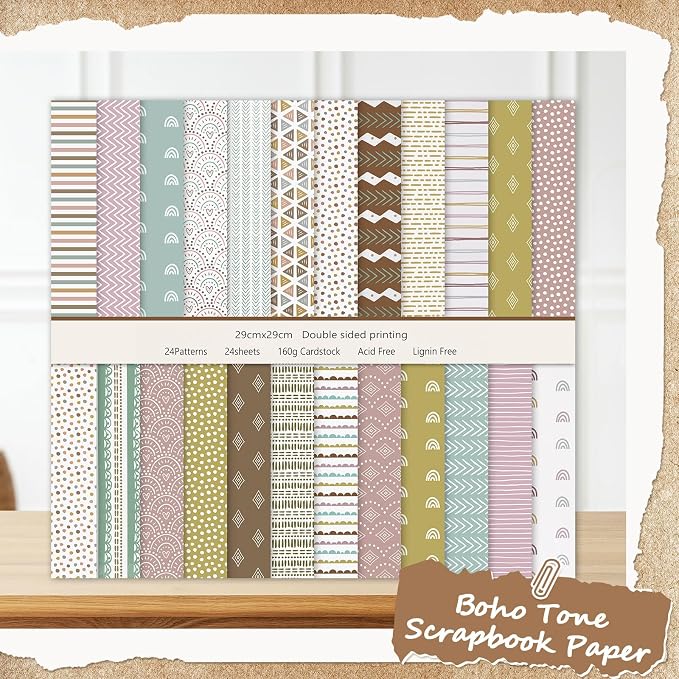 24 Sheets Scrapbook Paper 12x12 IN Double-Sided Bohemian Craft Paper