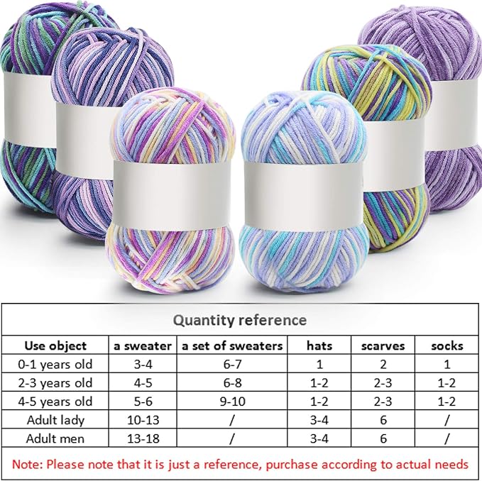6 Pieces 50 g Crochet Yarn Multicolor Acrylic, 5-ply, Purple Blue Mix