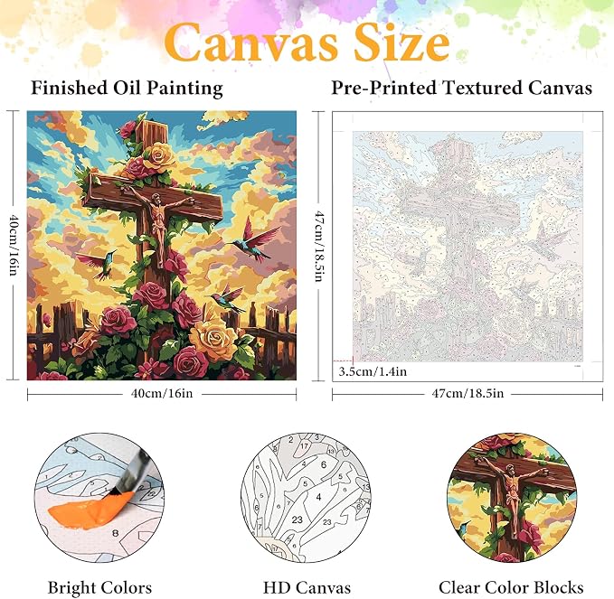 Paint by Numbers Kit for Adults, Christian Cross & Roses Design, 16x16 Inch