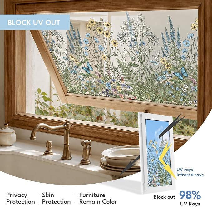 ADD.HERES Window Privacy Film,Colorful Floral Window Stickers,Removable DIY Bouquet Static Clings, Decals for Home School Office Party Supplies, Wildwood Whisper, 17.5" x 78.7"