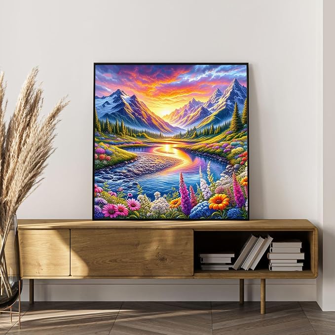 Paint by Numbers Kit for Adults, Mountain River & Wildflower, 16x16 Inch