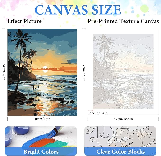 PRASIO Paint by Numbers Kit for Adults Beginner, Beach Paint by Number, DIY Acrylic Adult Paint by Number Kits on Canvas for Home Decor Gift 16x20 Inch