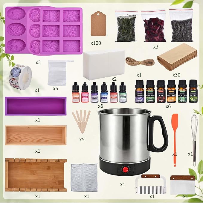 Soap Making Kit for Adults Soap Making Supplies with Melter Pot | 500+PCS Goat Milk Soap Base, Dyes, Essential Oil & Fragrances, 3 Silicone Molds, Cutters, Silicone Loaf Molds for DIY