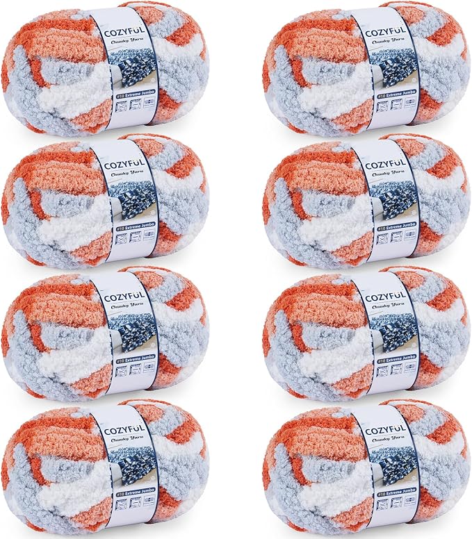 Cozyful Chunky Yarn for Hand Knitting - #10 Chunky Chenille Blanket Yarn, Jumbo Big Thick Chunky Yarns for Crocheting, Tie Dye Bulky Knit Yarns, 8 Skein (20 yds 8 oz Each Skein), Multi Orange&Grey