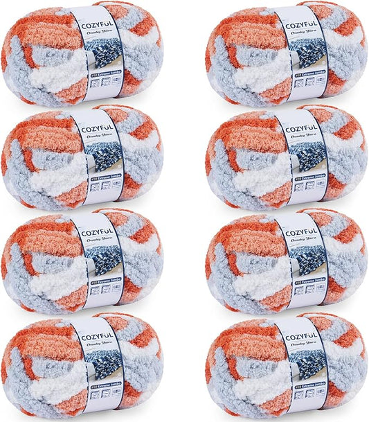 Cozyful Chunky Yarn for Hand Knitting - #10 Chunky Chenille Blanket Yarn, Jumbo Big Thick Chunky Yarns for Crocheting, Tie Dye Bulky Knit Yarns, 8 Skein (20 yds 8 oz Each Skein), Multi Orange&Grey