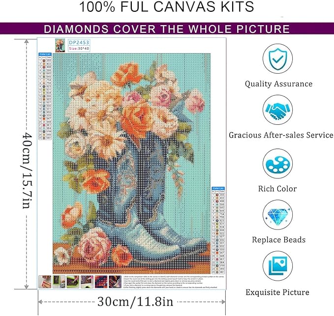 Dorwendis Boots Diamond Art Kits for Adults,Diamond Painting Kits12x16inch | 5D Diamond Painting Kits for Beginners,Flowers DIY Full Round Drill Diamond Dot Gem Art Kits for Home Wall Decor