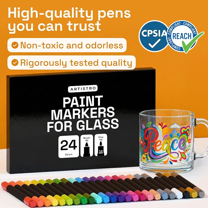 ARTISTRO 24 Glass Acrylic Paint Marker Pens - Glass Painting Kit