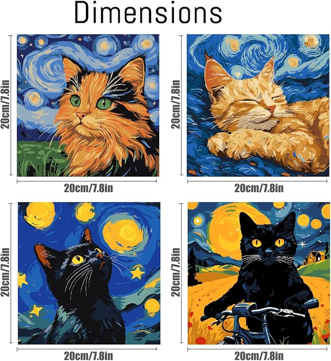 Canrichshop 4 Packs Black Cat Paint by Number Kit for Beginner with Frame,Paint by Numbers Kits on Canvas, DIY Number Painting for Adults for Decor 8X 8 inch
