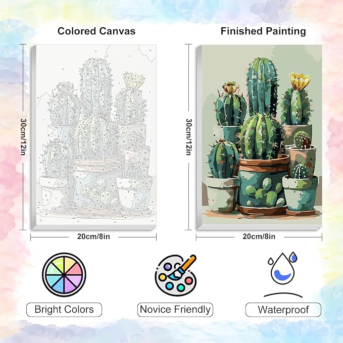 Cactus Framed Paint by Numbers Kit for Adults Beginner & Kids Ages 8-12 | With Frame Canvas 8x12 inch, DIY Acrylic Painting by Numbers Cactus Plant, Stress Relief Craft Kits, Home Wall Decor Gift