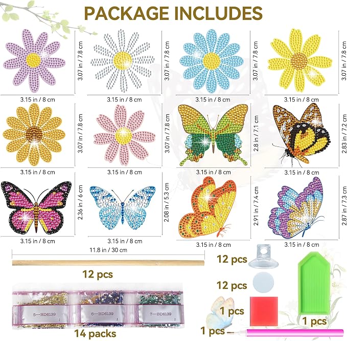 Vcekract 12PCS Butterfly Flower Diamond Art Kits for Adults, Garden Decor