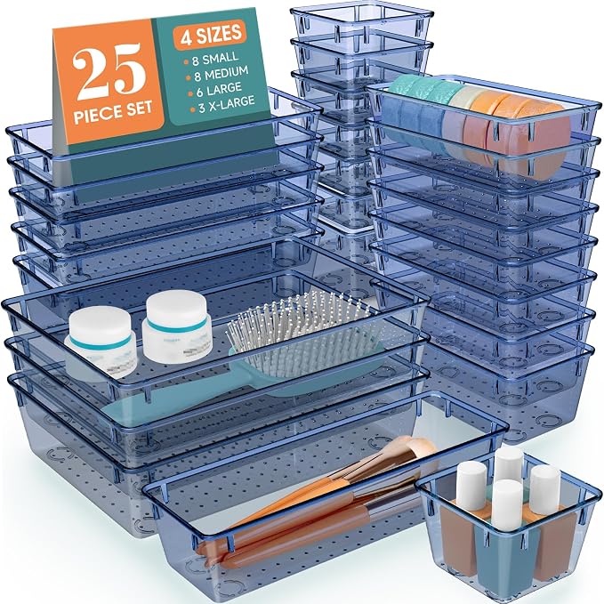 25 PCS Plastic Drawer Organizer Set, Makeup Organizers and Storage Bins | 4 Sizes Desk Drawer Divider Organizers and Storage Bins for Jewelry, Gadgets for Kitchen, Bedroom, Bathroom, Clear Dark Blue