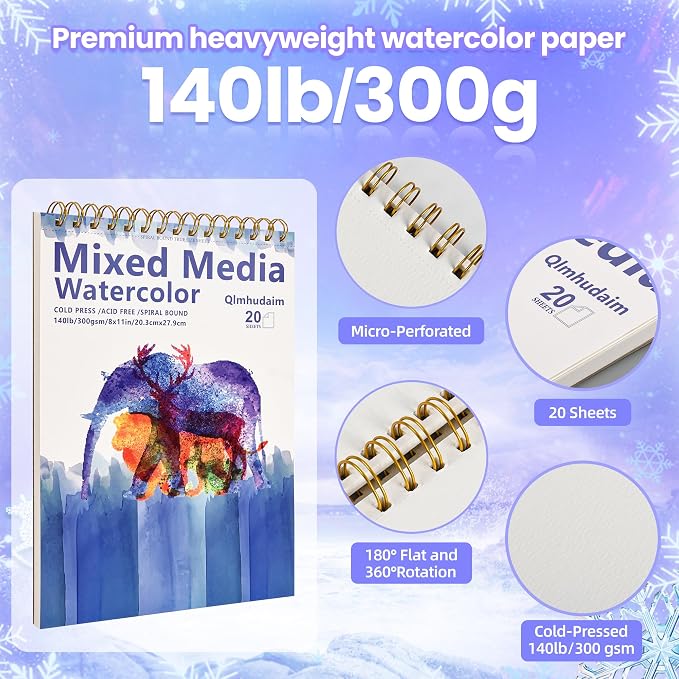 Qlmhudam Watercolor Paper Pad 8" x 11" - Heavyweight and textured paper Sketchbook,Spiral Bound, 20 Sheets 140lb/300g sketch pad, Watercolor Sketchbook for Wet & Dry Media,Drawing ，& Painting Journals