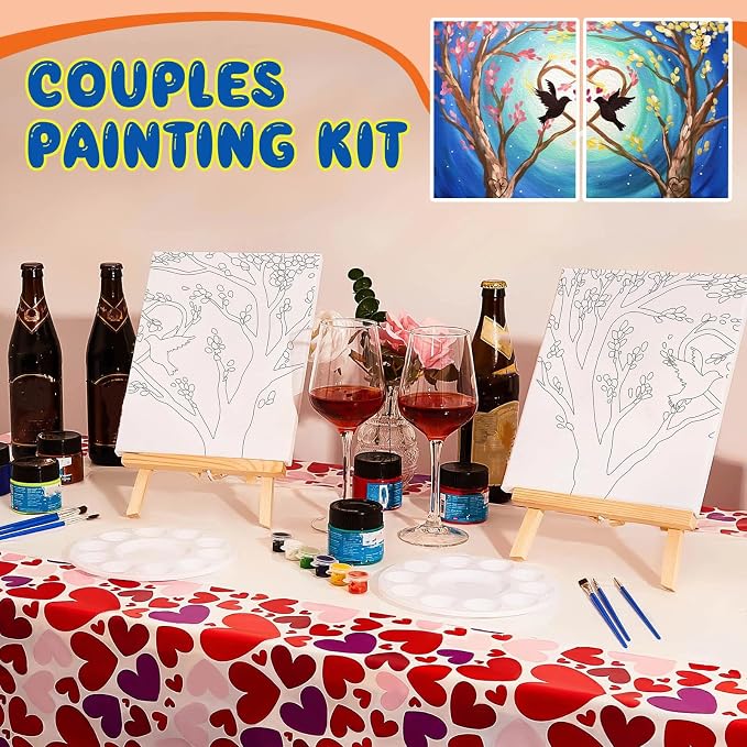 Yeaqee 13 Pcs Sip and Paint Kit for Adults Stretch Canvas Date Night Valentines Painting Kit Supplies Art Painting Set Outline Design Blank Stretch Canvas for Couple Party(Bird and Tree,10 x 8 Inch)