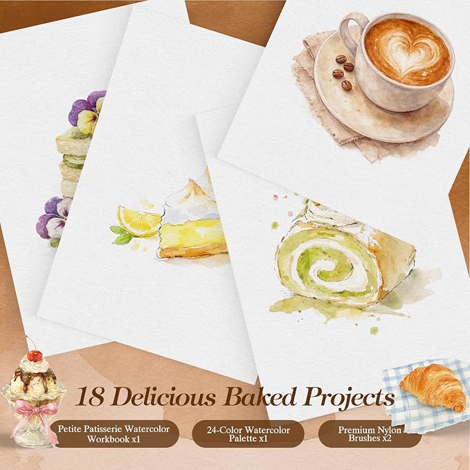 Watercolor Workbook for Beginners,18 Baking Water Coloring Book,Relaxing & Easy to Paint Water Coloring Book with 24 Colors-Perfect for Gifting to Creativity & Joy for Adults