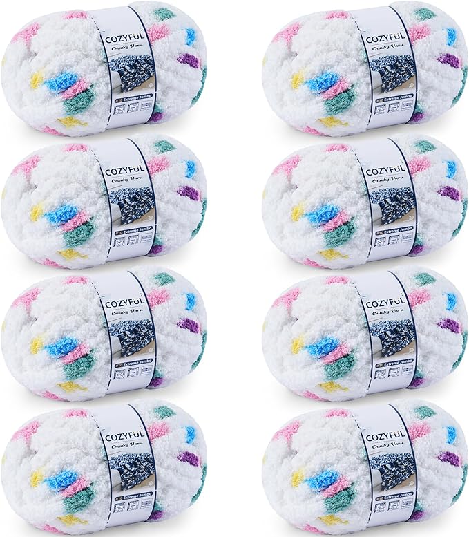 Cozyful Chunky Yarn for Hand Knitting - #10 Chunky Chenille Blanket Yarn, Jumbo Big Thick Chunky Yarns for Crocheting, Tie Dye Bulky Knit Yarns, 8 Skein (20 yds 8 oz Each Skein), Rainbow & White