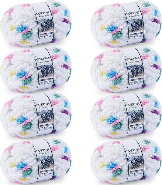 Cozyful Chunky Yarn for Hand Knitting - #10 Chunky Chenille Blanket Yarn, Jumbo Big Thick Chunky Yarns for Crocheting, Tie Dye Bulky Knit Yarns, 8 Skein (20 yds 8 oz Each Skein), Rainbow & White