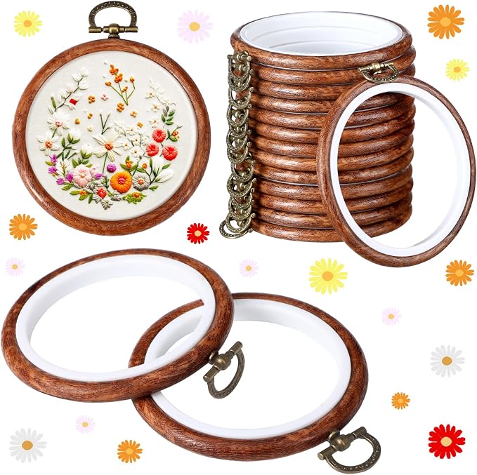 Burbell 15 Pcs 4 Inch Round Embroidery Hoops Frame Bulk Circle Spring Rubber Hoops Ring Display Cross Stitch Ornament Wood Frame Kits for Spring Gifts Mother's Day Craft Sewing DIY Hanging Gifts