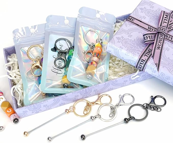 42/84/126 Pcs Beadable Keychain Bars Bulk Blank DIY Beaded Keychain Making Supplies with Bag Thank You Card