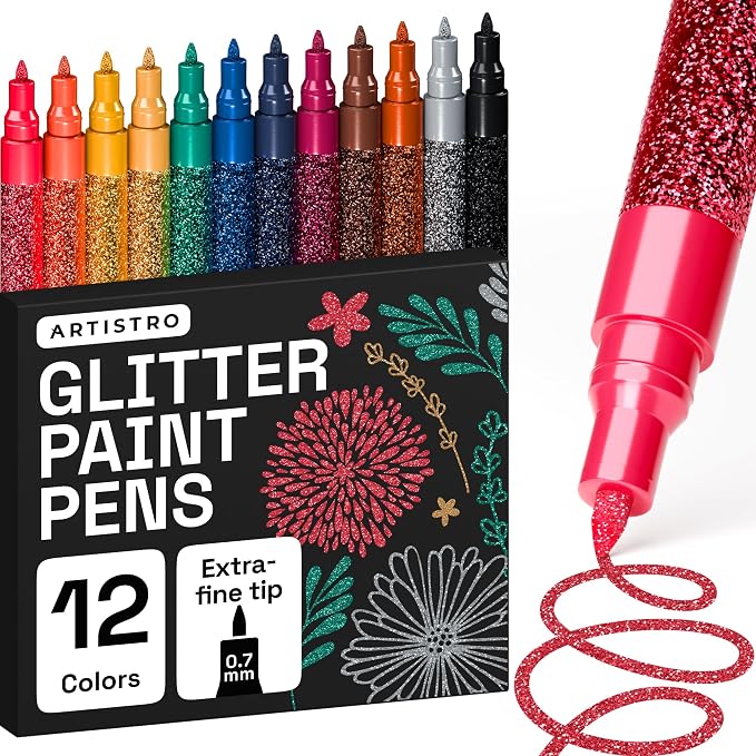 ARTISTRO 12 Glitter Paint Pens for Glass Marking - Extra-Fine Tip