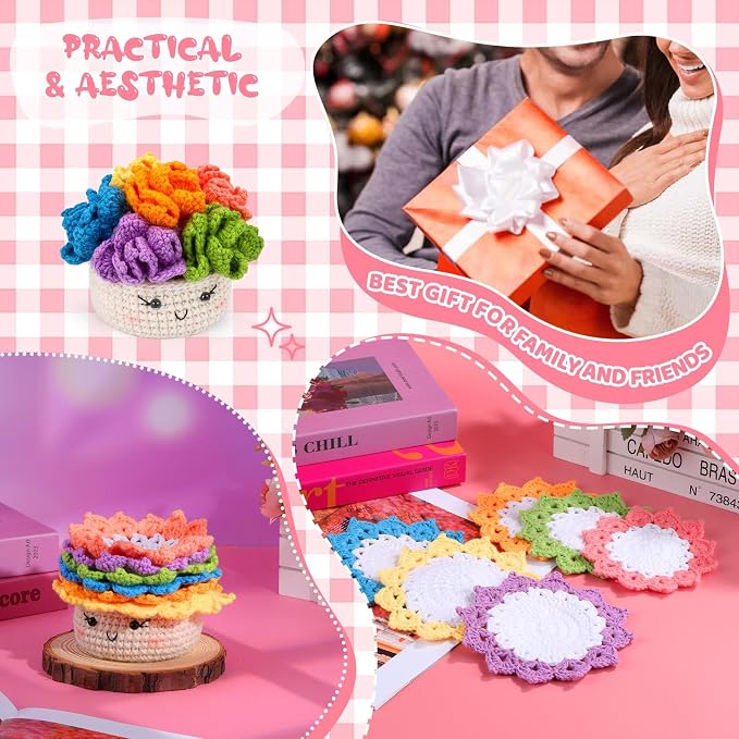 Hssugi Crochet Kit for Beginners 6PCS Potted Plant Coasters Crochet Kit | Crochet Starter Kit with Step-by-Step Video Tutorials, Crochet Hooks, Learn to Crochet Kits for Adult Beginners