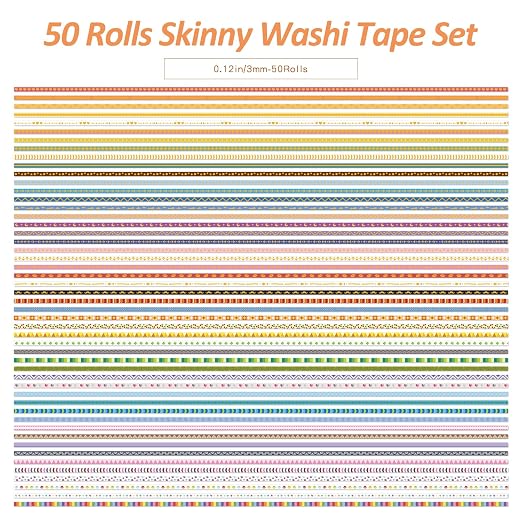 emmoolife 50 Rolls Skinny Washi Tape Set 3mm Wide, Gold Foil Print Masking Thin Basic Patterns Decorative Tapes for Scrapbooking, Junk Journal Supplies, Bullet Journaling, Craft Tape for Women Girl