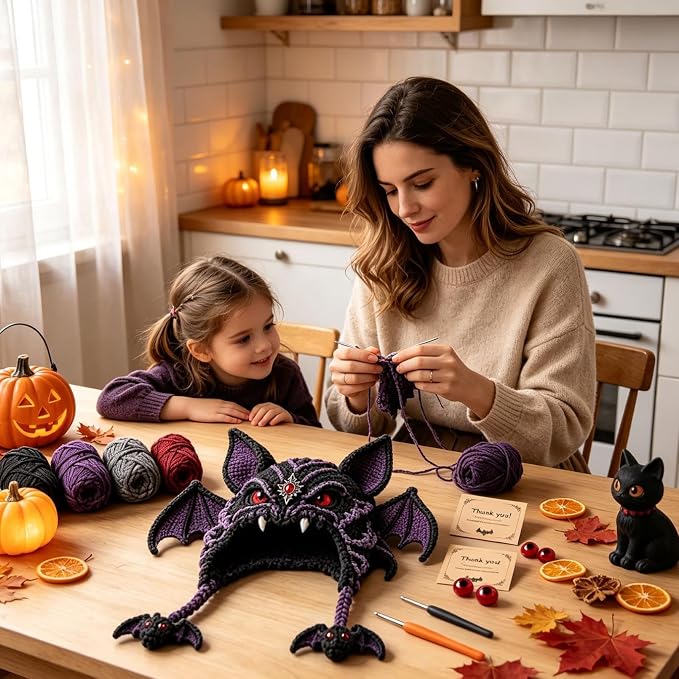 Halloween Hat DIY Crochet Kit, Fantasy Hood Hat DIY Crochet Kit, Bat