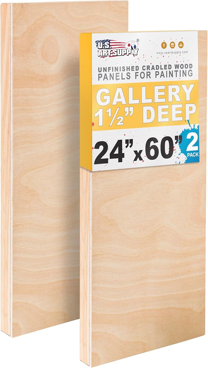 U.S. Art Supply 24" x 60" Unfinished Cradled Wood Panels for Painting | Gallery 1-1/2" Deep (2 Pack) - Artist Depth Wooden Wall Canvases - Mixed-Media Craft, Acrylic, Oil, Encaustic, Paint Pouring