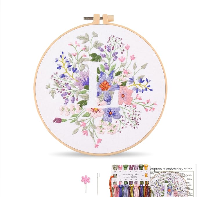 Harimau Letter L Pattern Embroidery Kit for Adult Beginners, Complete Starter Pack with 1 Hoop, Needles, Instruction Guide & Embroidery Stitch Video Tutorials