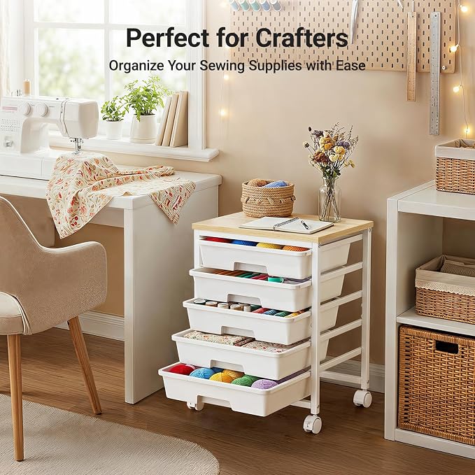 Pipishell Rolling Cart with 5 Drawers, Craft Storage Cart, Class White