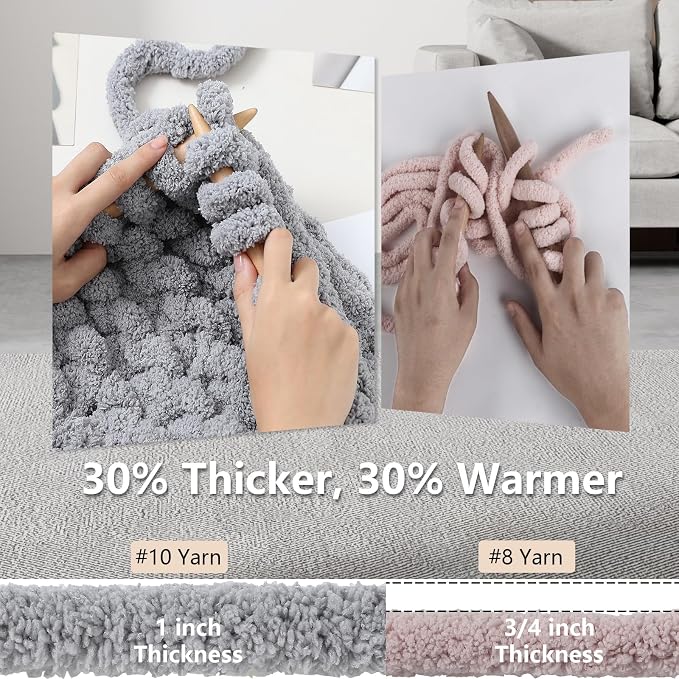 Cozyful Chunky Yarn for Hand Knitting - #10 Chunky Chenille Yarn, Jumbo Big Thick Chunky Yarns for Crocheting, Super Bulky Chunky Knit Blanket Yarns, 8 Skein (22 yds 8 oz Each Skein), Light Grey