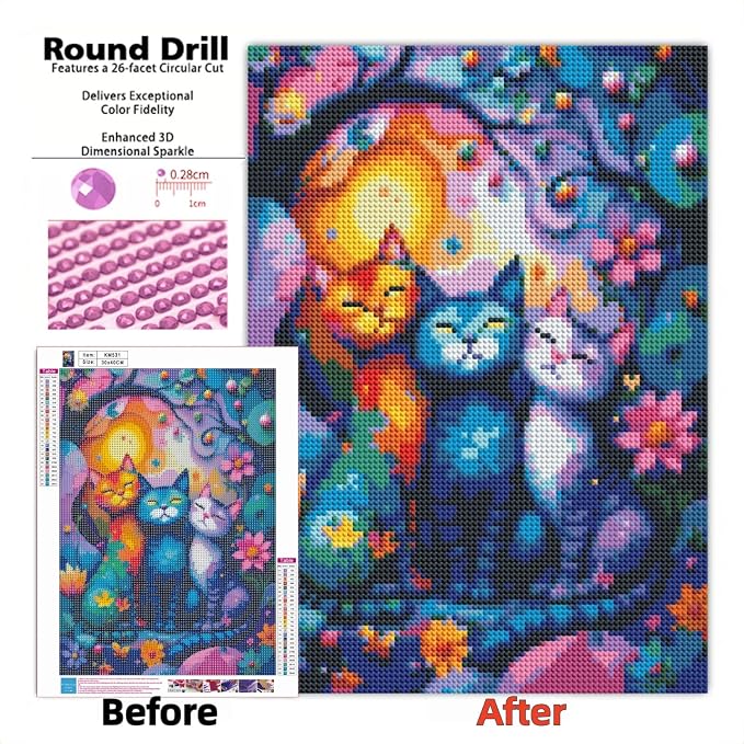 Diamond Art Kits for Adults,Colorful Cat and Flower Diamond Painting | 5D DIY Paint By Diamonds,Full Round Drill Diamond Dot Gem Art Painting Kits,for Home Wall Decor 11.8X15.8 Inch